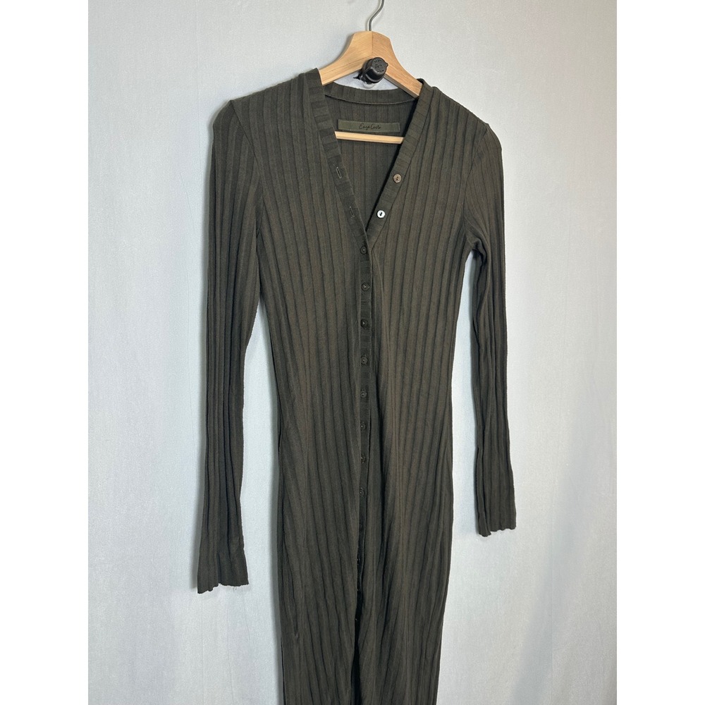 Enza Costa Ribbed Button Down Midi Dress Olive Green Brown Long Sleeve Knit  - S - Picture 4 of 8